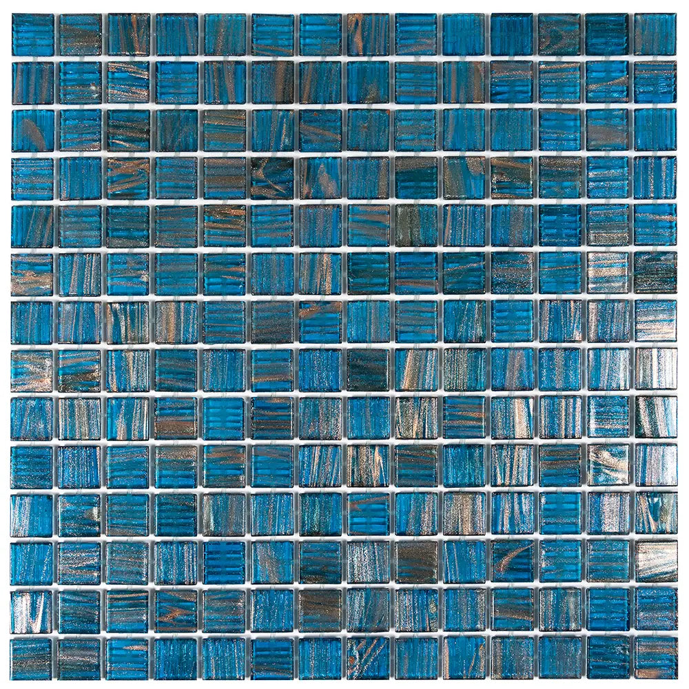 Deep Blue & Gold Swirls Mixed Squares Glass Pool Tile | Tile Club