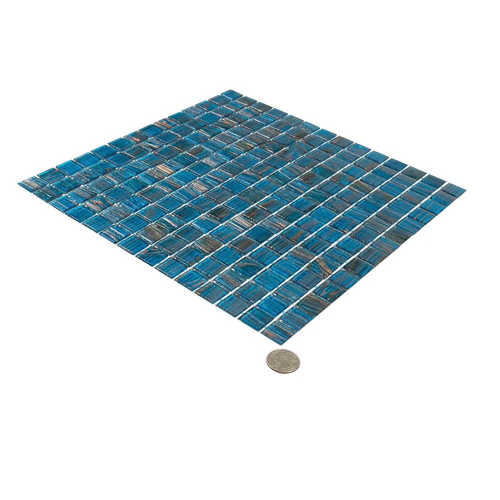 Deep Blue & Gold Swirls Mixed Squares Glass Pool Tile | Tile Club