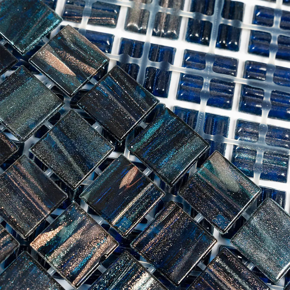 Aegean Blue with Gold Swirls Mixed Squares Glass Pool Tile | Tile Club
