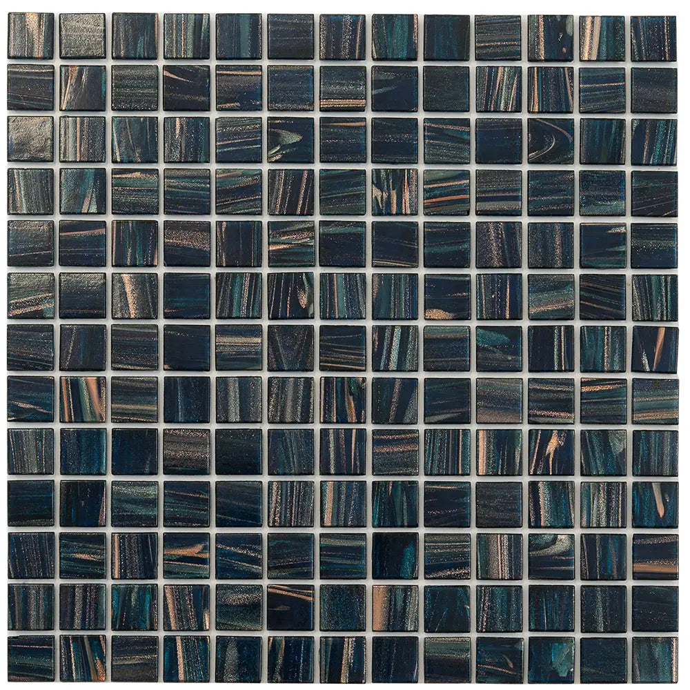 Aegean Blue with Gold Swirls Mixed Squares Glass Pool Tile | Tile Club