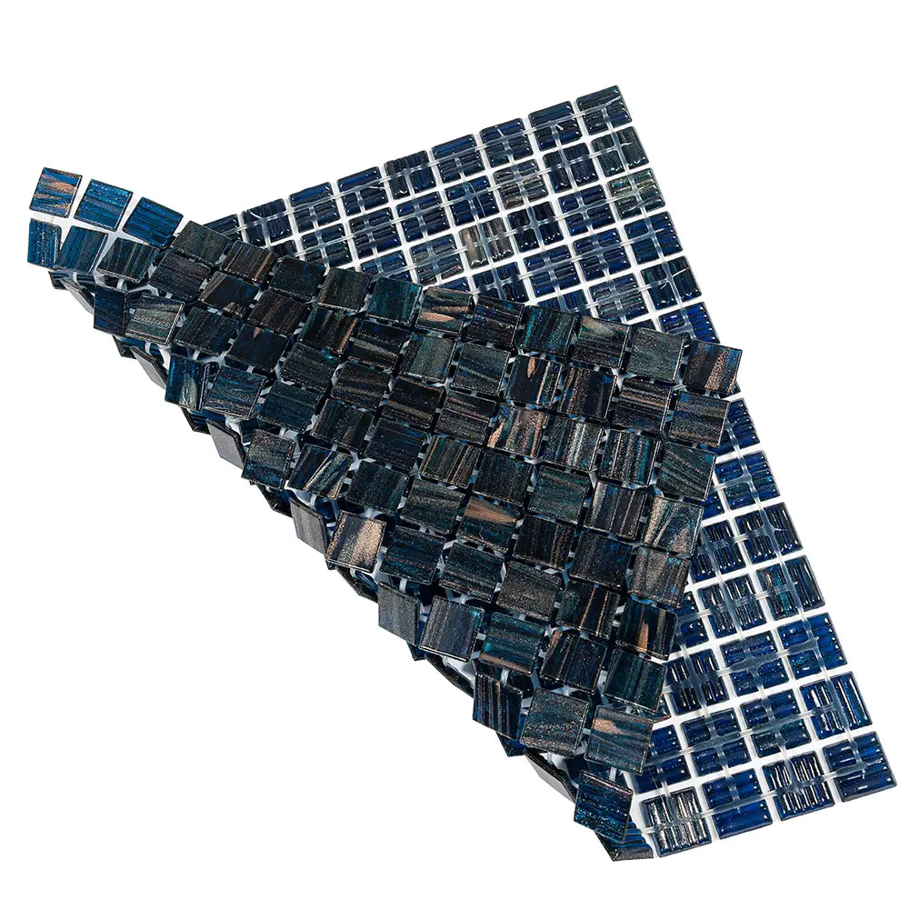 Aegean Blue with Gold Swirls Mixed Squares Glass Pool Tile | Tile Club