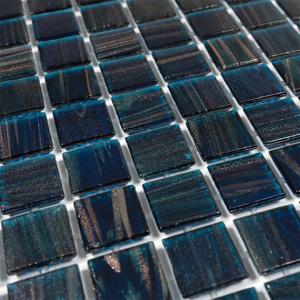 Aegean Blue with Gold Swirls Mixed Squares Glass Pool Tile