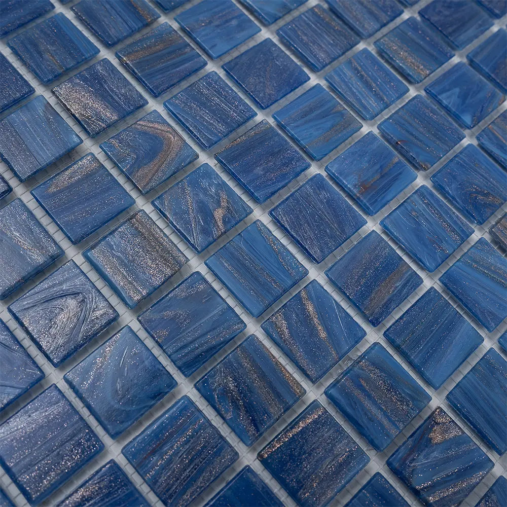 Azure Blue with Gold Swirls Mixed Squares Glass Pool Tile | Tile Club