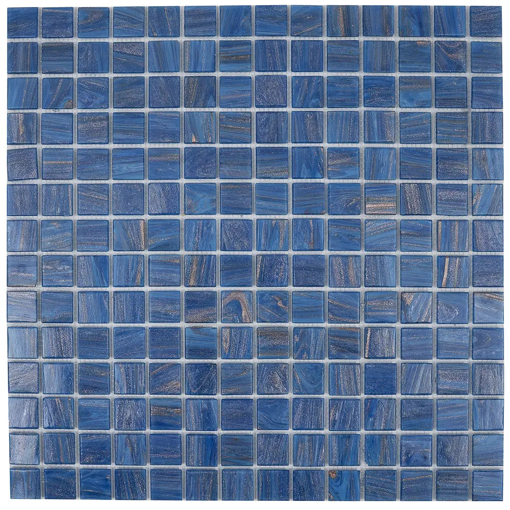 Azure Blue with Gold Swirls Mixed Squares Glass Pool Tile | Tile Club