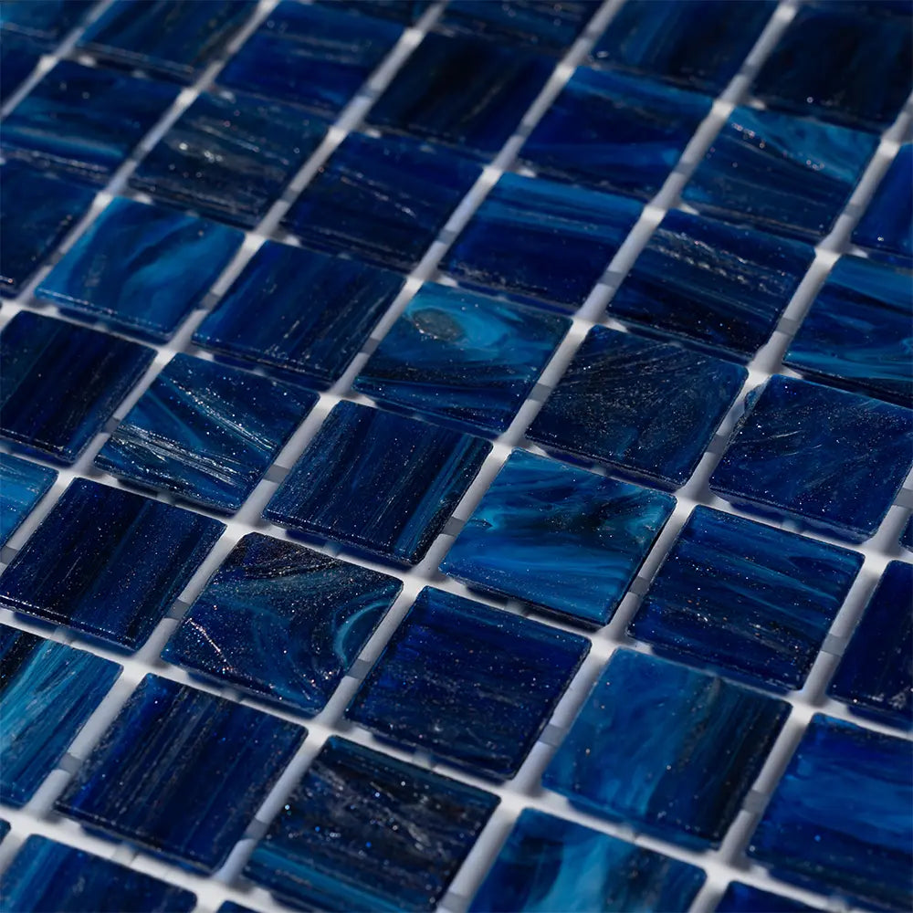 Brushed Navy Blue Squares Glass Pool Tile | Tile Club