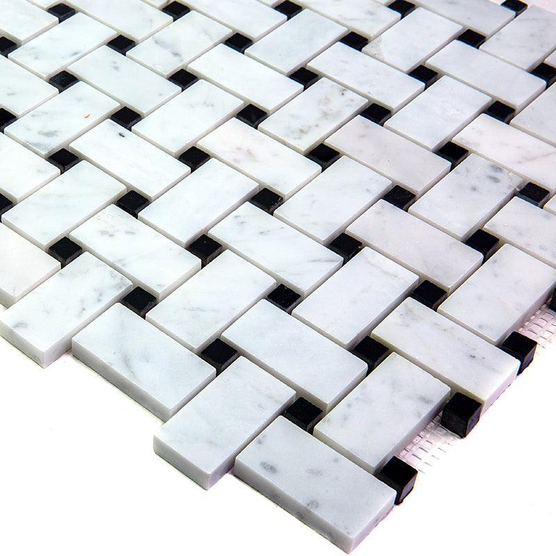 Basket Weave Carrara With Black Dot Polished Marble Tile