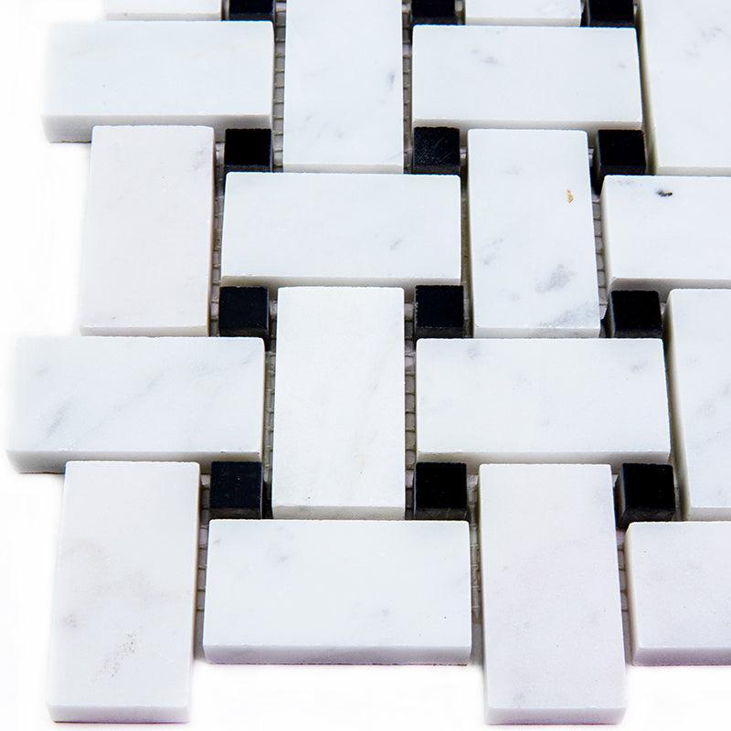 Basket Weave Carrara With Black Dot Polished Marble Tile
