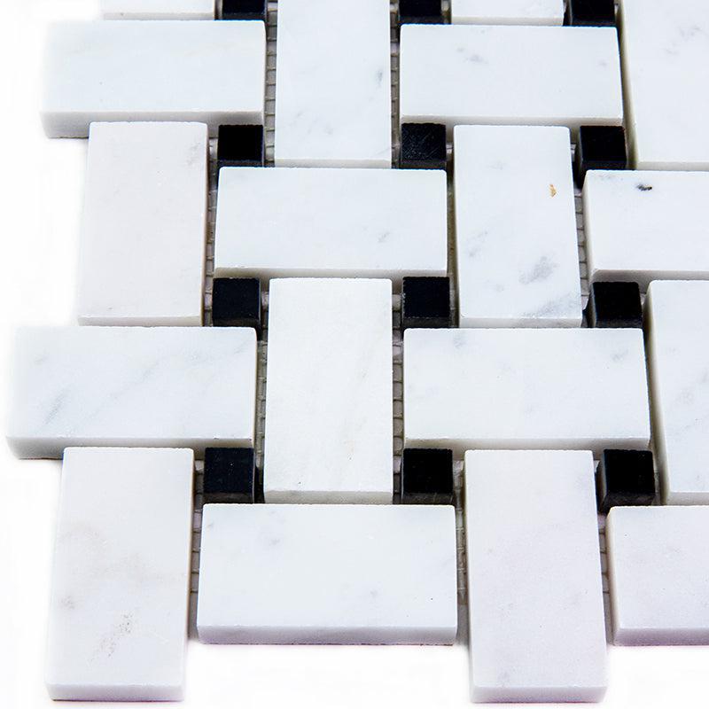Basket Weave Carrara With Black Dot Polished Marble Tile | Tile Club
