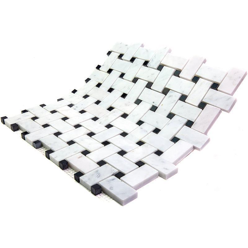 Basket Weave Carrara With Black Dot Polished Marble Tile | Tile Club