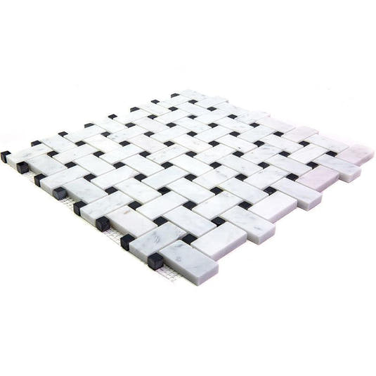 Basket Weave Carrara With Black Dot Polished Marble Tile | Tile Club