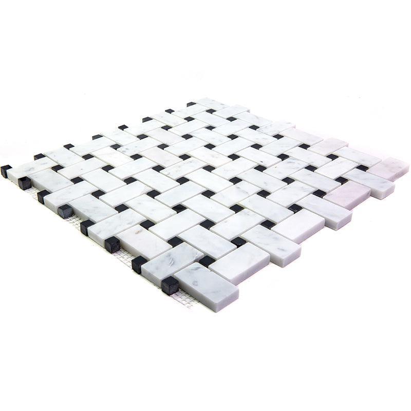 Basket Weave Carrara With Black Dot Polished Marble Tile | Tile Club