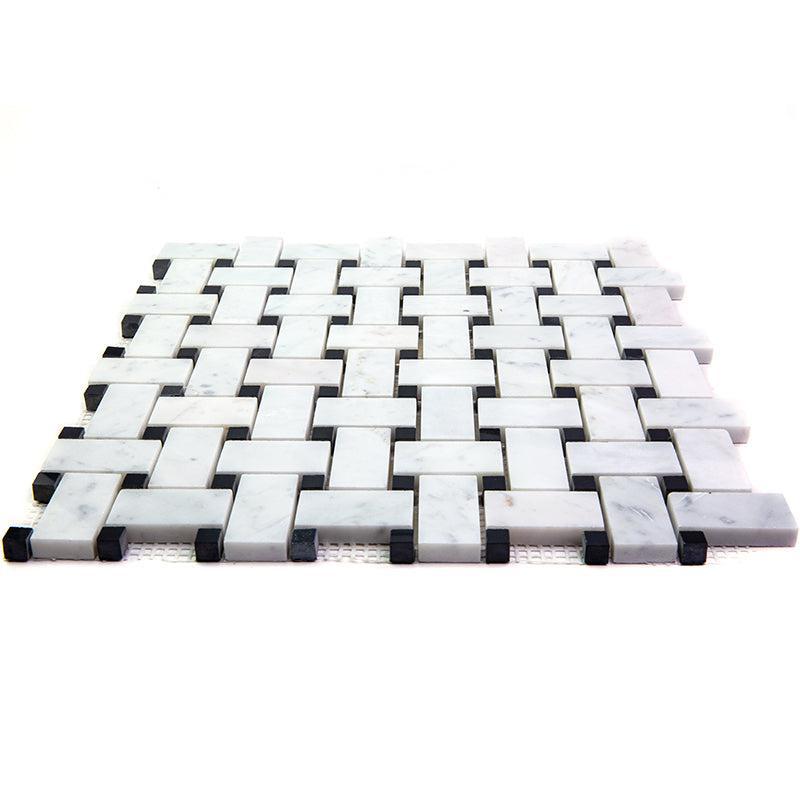 Basket Weave Carrara With Black Dot Polished Marble Tile | Tile Club