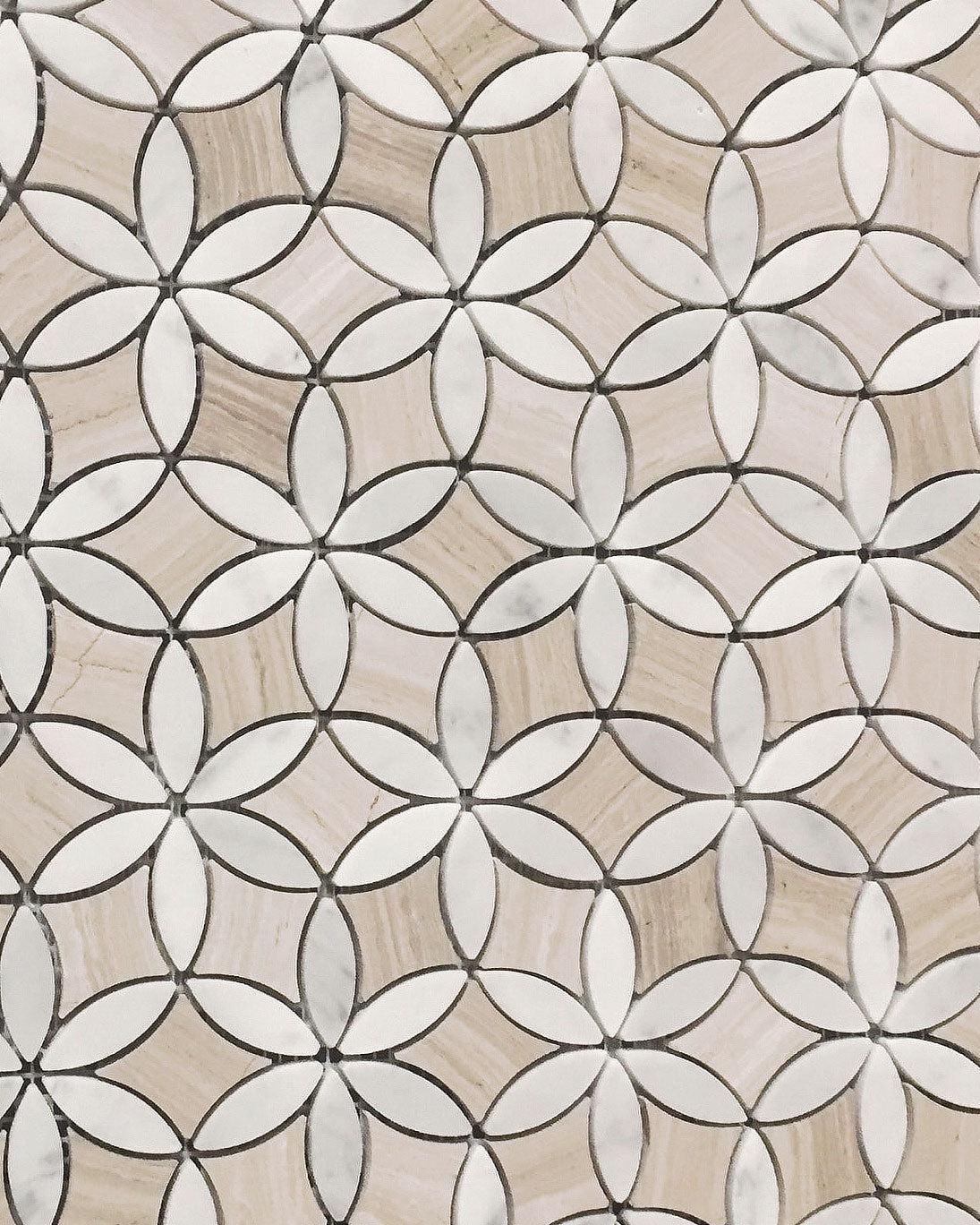 Roman Flower Wooden Beige And Carrara Marble Mosaic Tile