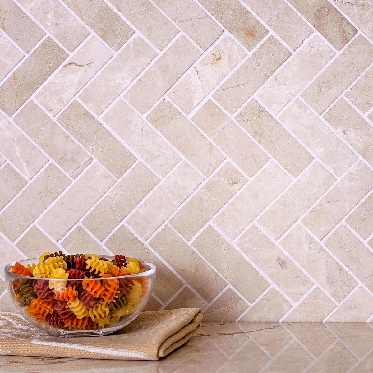 Crema Marfil Herringbone 1X3 Polished Marble Mosaic Tile