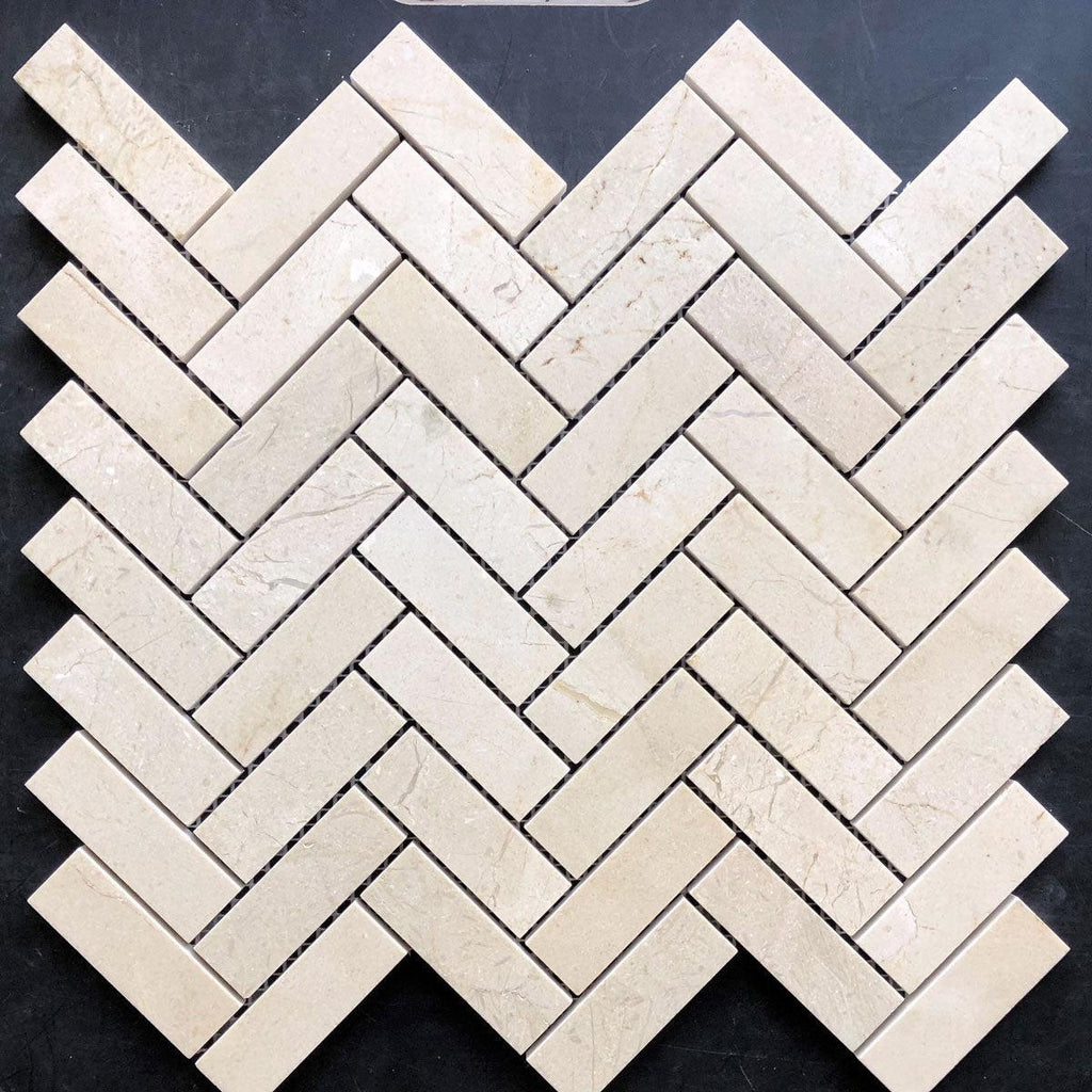 Crema Marfil Herringbone 1X3 Polished Marble Mosaic Tile | Tile Club