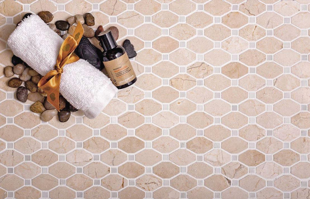 Crema Marfil Octagon With White Dots Marble Mosaic Tile | Tile Club