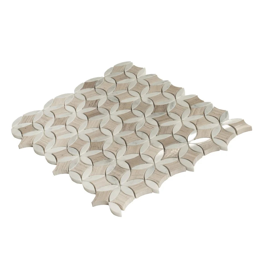 Roman Flower Wooden Beige And Carrara Marble Mosaic Tile | Tile Club