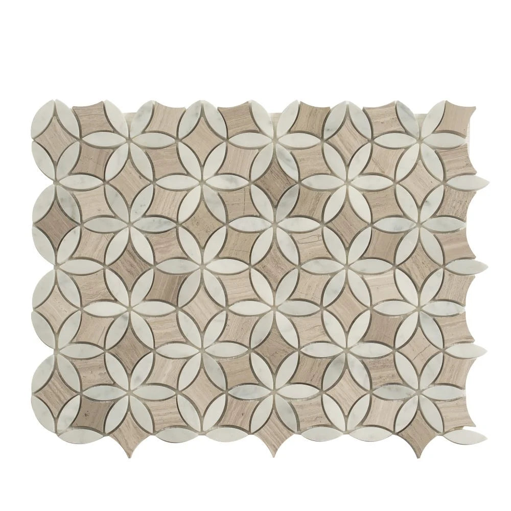 Roman Flower Wooden Beige And Carrara Marble Mosaic Tile | Tile Club