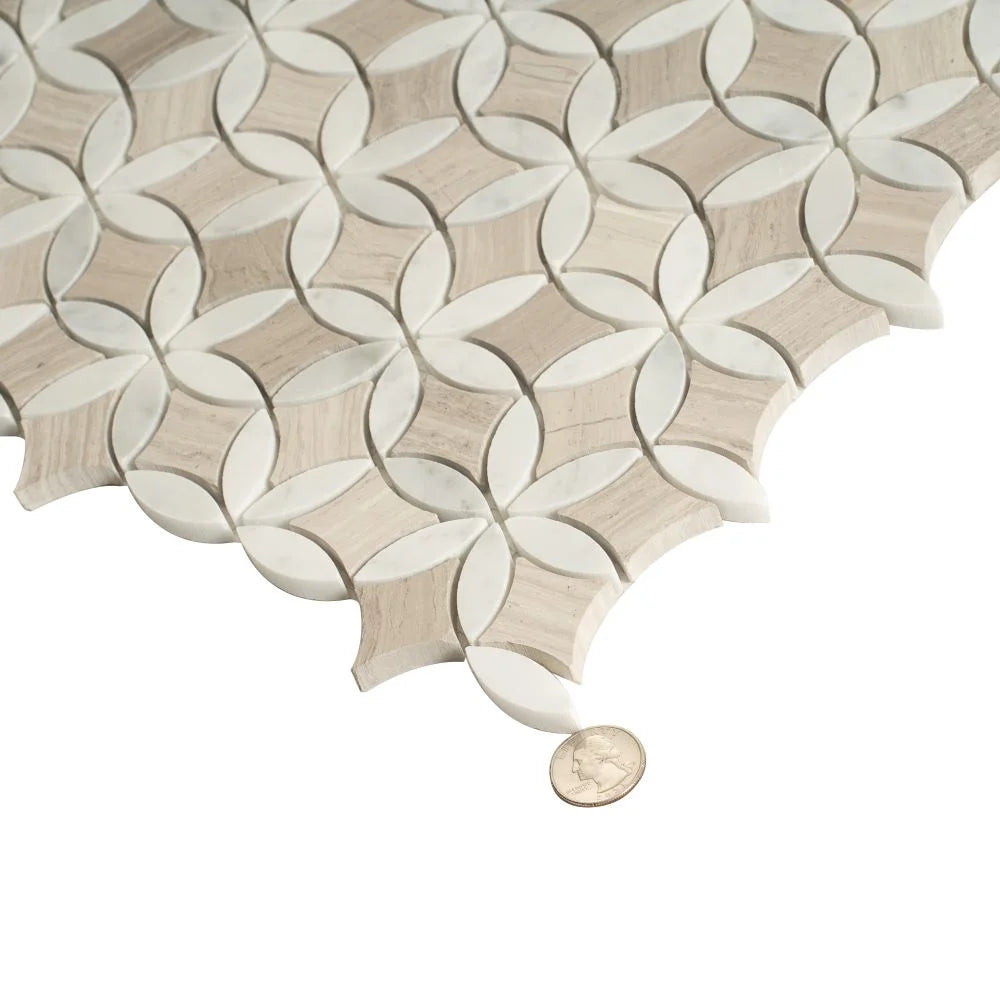 Roman Flower Wooden Beige And Carrara Marble Mosaic Tile | Tile Club