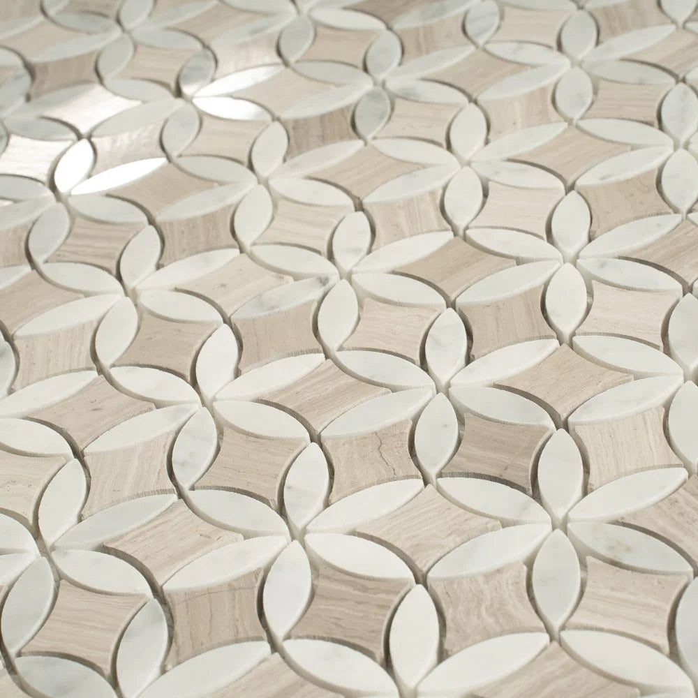 Roman Flower Wooden Beige And Carrara Marble Mosaic Tile | Tile Club