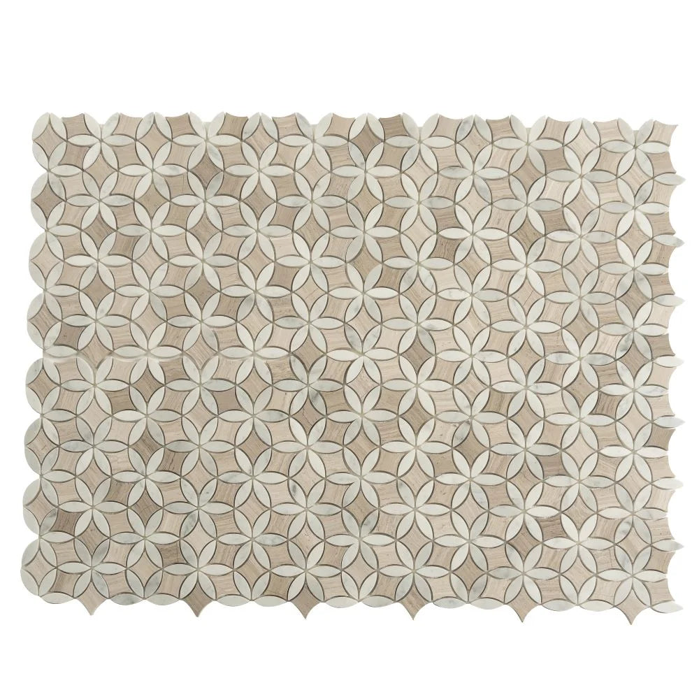 Roman Flower Wooden Beige And Carrara Marble Mosaic Tile | Tile Club