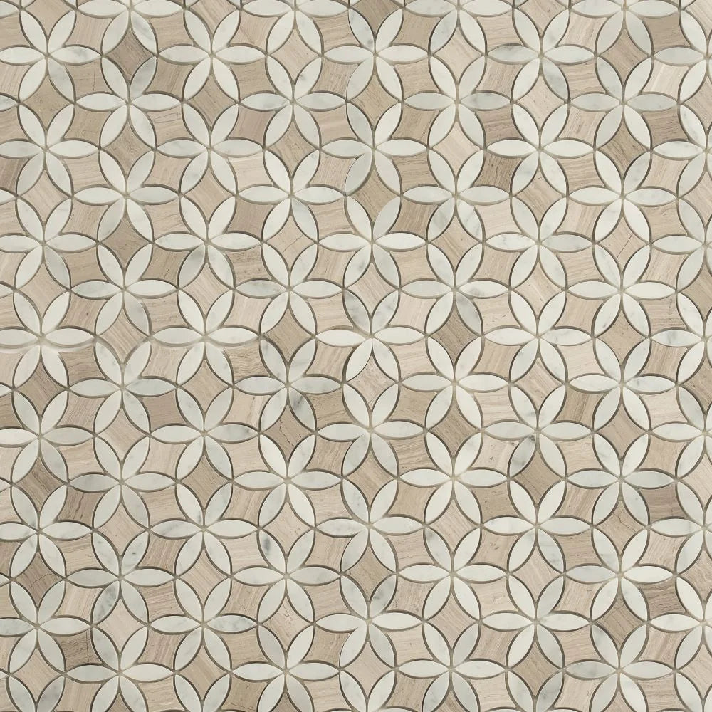 Roman Flower Wooden Beige And Carrara Marble Mosaic Tile | Tile Club