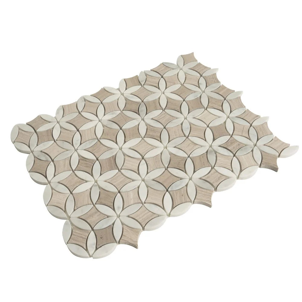 Roman Flower Wooden Beige And Carrara Marble Mosaic Tile | Tile Club
