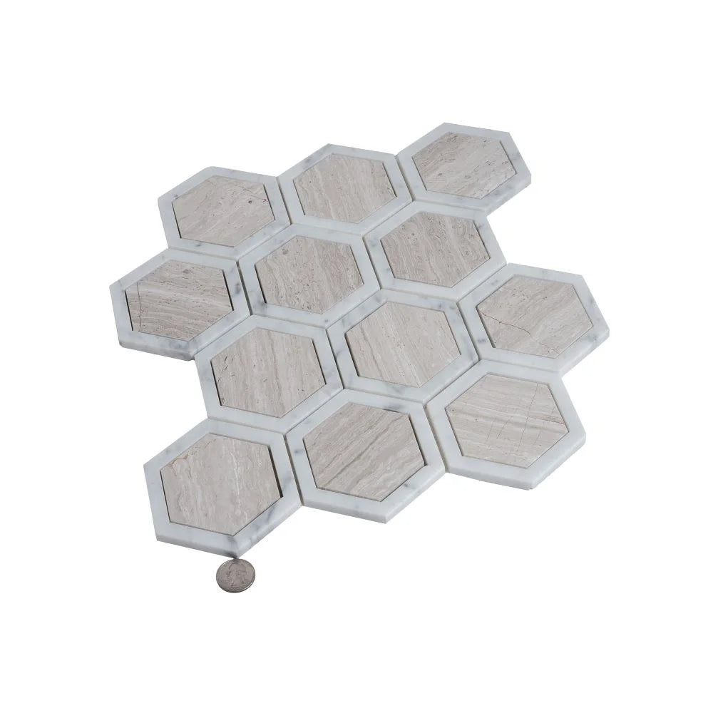 Selo Hex Wooden Beige Marble Mosaic Tile