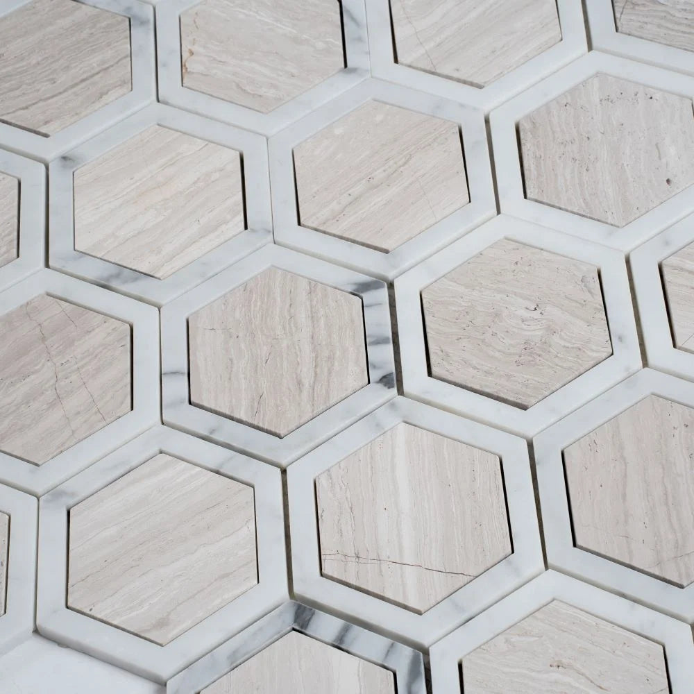 Selo Hex Wooden Beige Marble Mosaic Tile