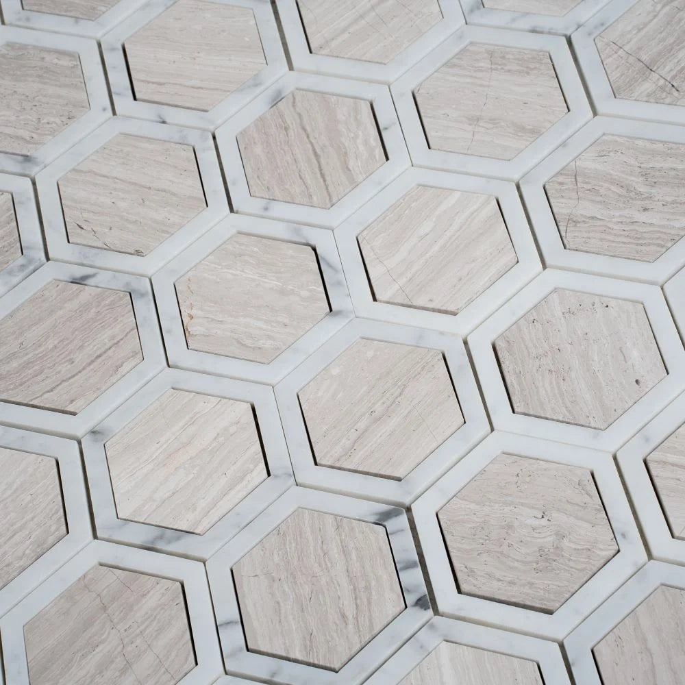 Selo Hex Wooden Beige Marble Mosaic Tile