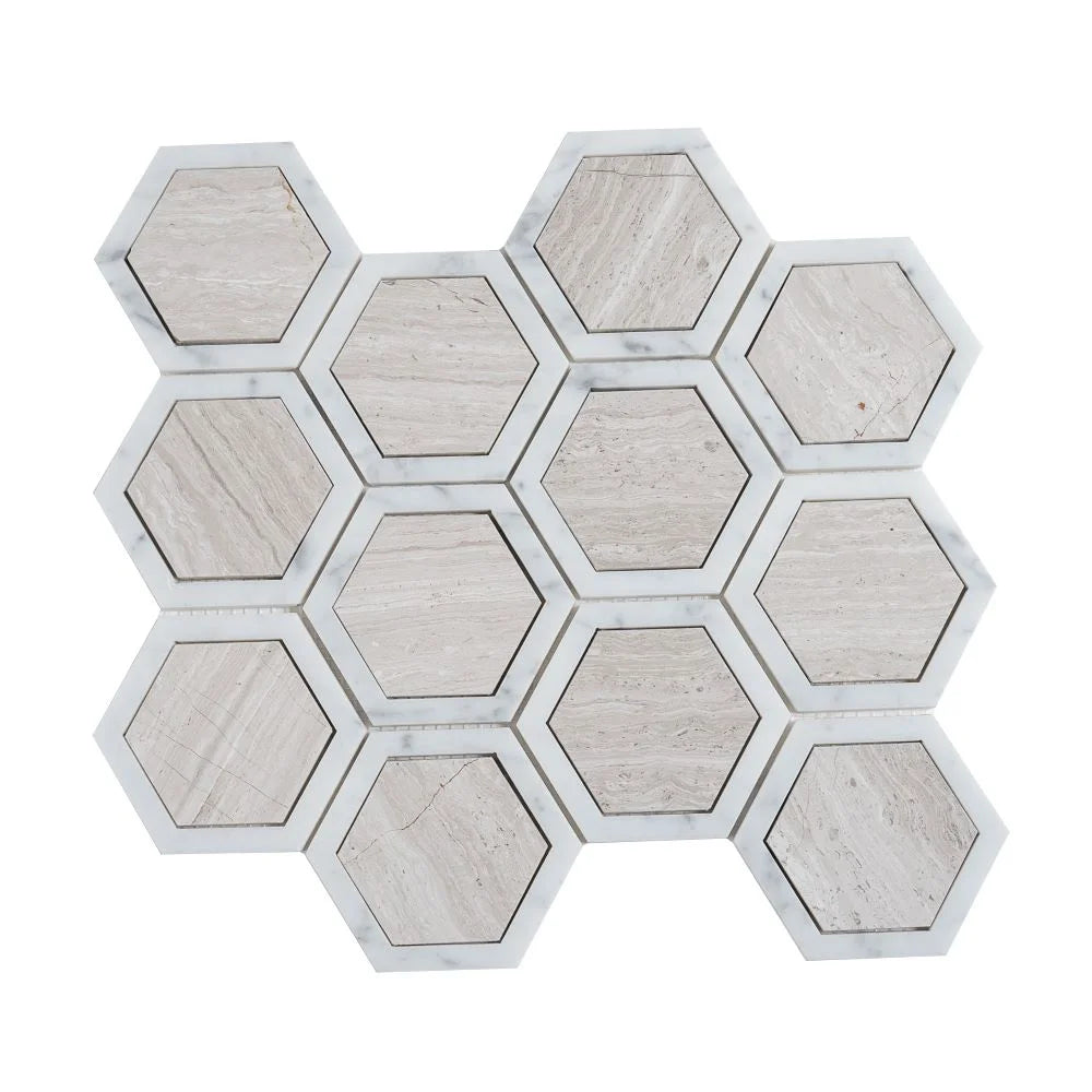 Selo Hex Wooden Beige Marble Mosaic Tile