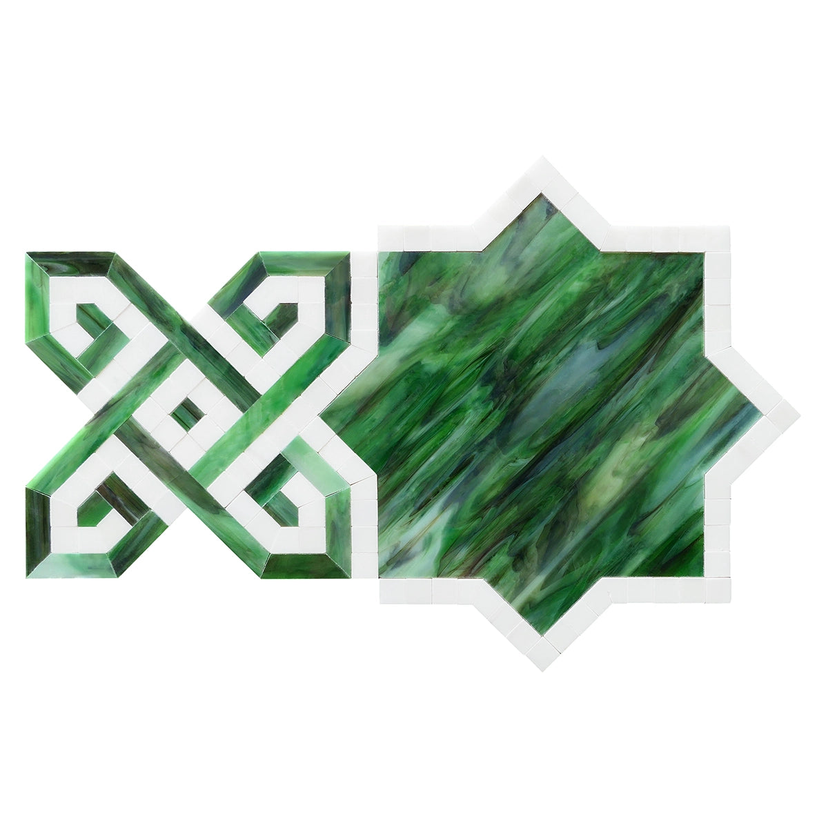 Green Stained Glass & White Marble Cross & Star Mosaic Tile