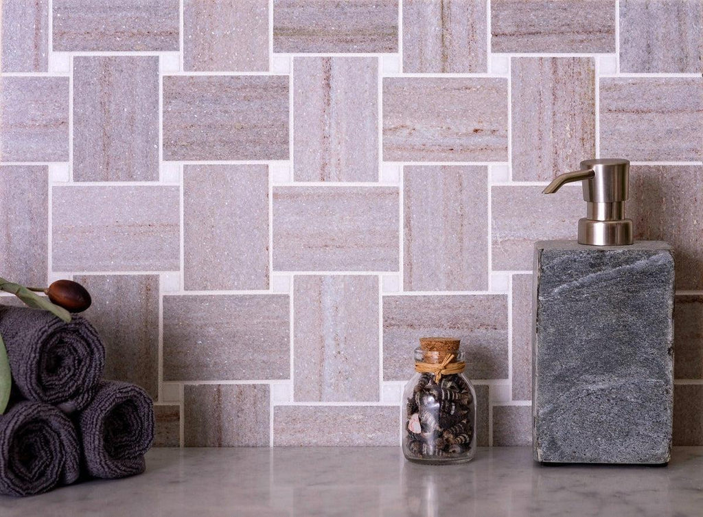 Sand Valley And Thassos Large Basket Weave Mosaic Tile