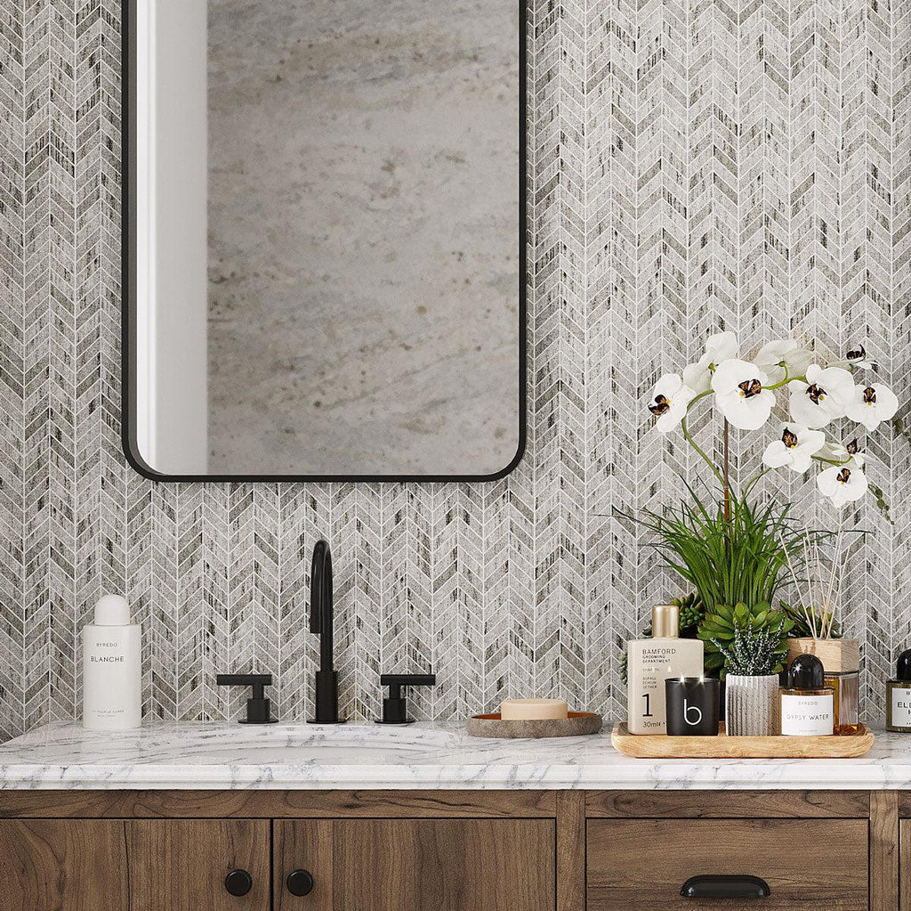 Sand Valley Herringbone Marble Mosaic Tile bathroom backsplash