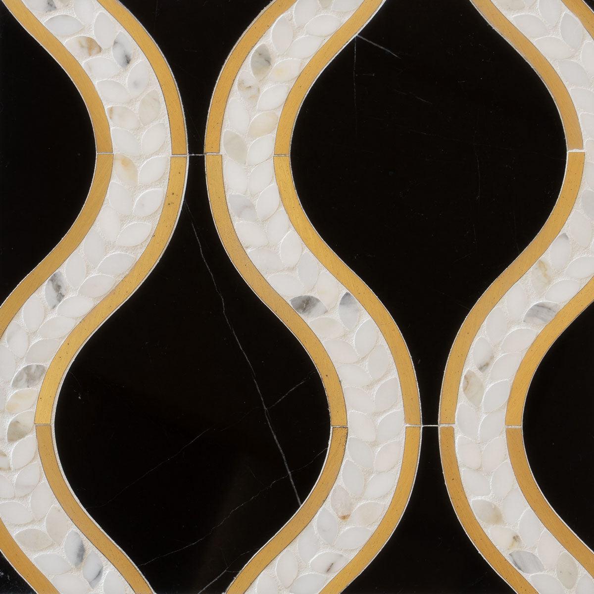 Santorini Black & Brass Laurel Marble Tile Marble Mosaic Tile | Tile Club