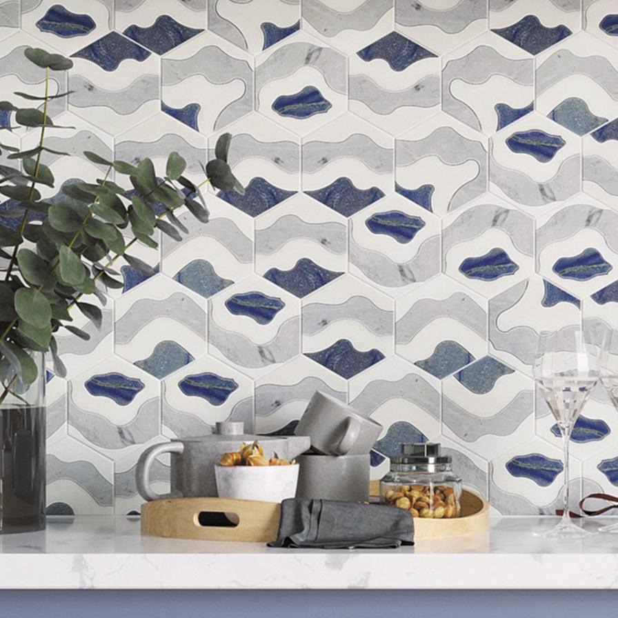 Santorini Blue Wave Marble Mosaic Tile Backsplash