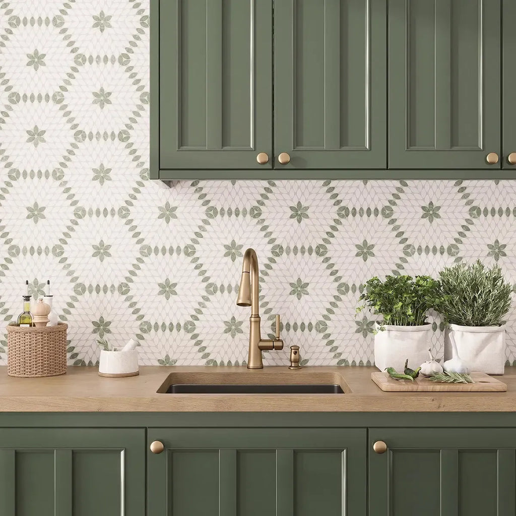 Green and white marble tiles for kitchen with wood accents