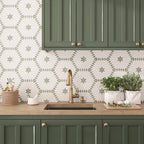 Green and white marble tiles for kitchen with wood accents