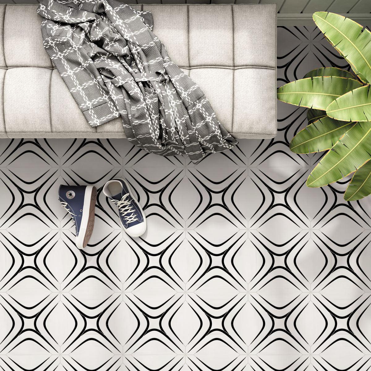 Santorini Retro Star White and Black Marble Mosaic Tile | Tile Club