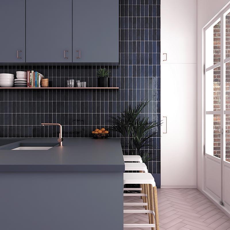 Vertical Subway Tile Layout with Zellige Blue Reef