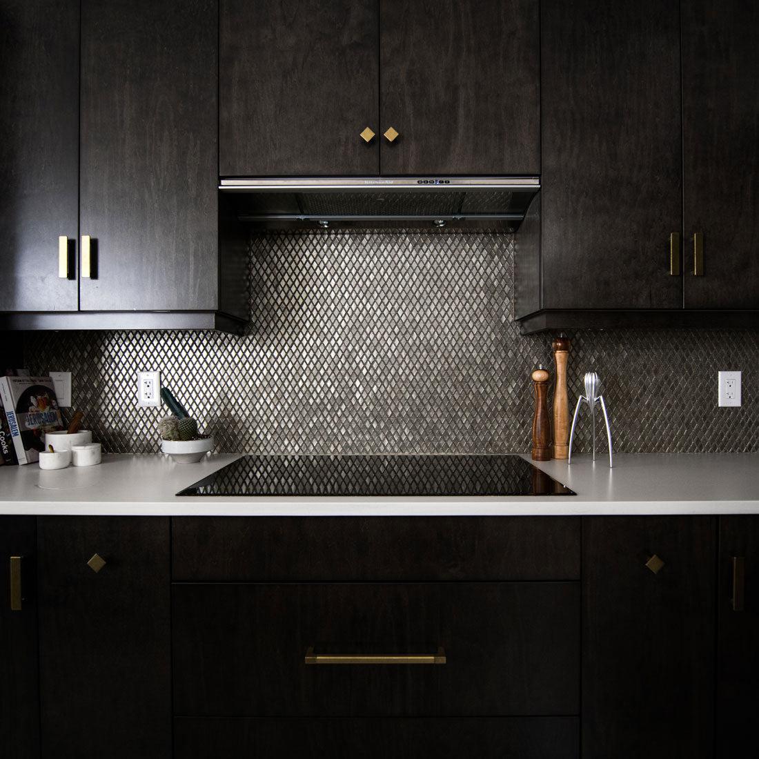 Dark Wood Cabinets with Silver Diamond Glass Mosaic Backsplash Tile