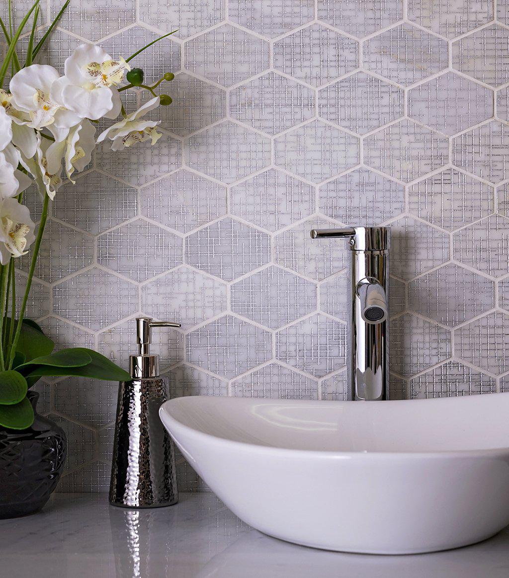 white elongated hexagon tile