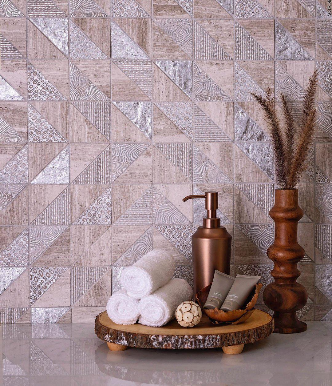 Silver Grey Triangles Wooden Beige Marble Mosaic Tile For a Metallic and Wood Bathroom