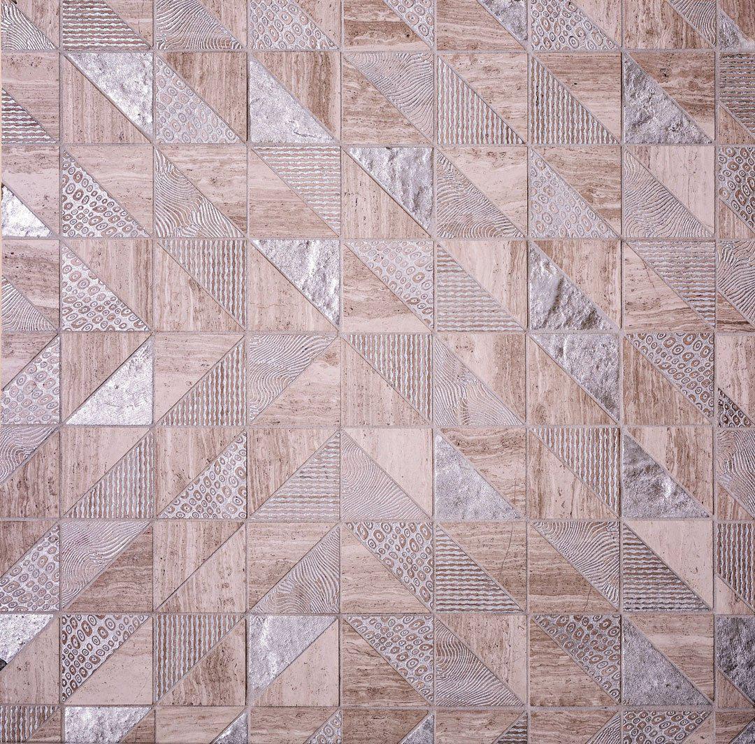 Silver Grey Triangles Wooden Beige Marble Mosaic Tile