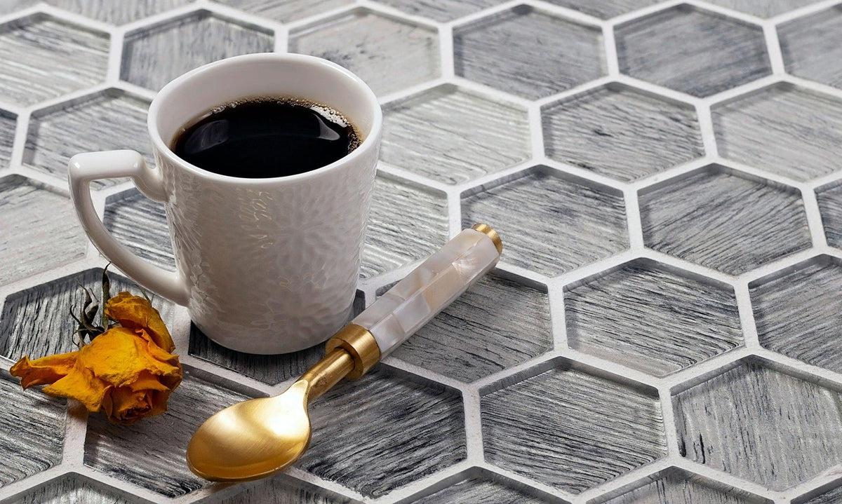 Silver Wooden Glass Hexagon Mosaic Tile | Tile Club | honeycomb pattern tile
