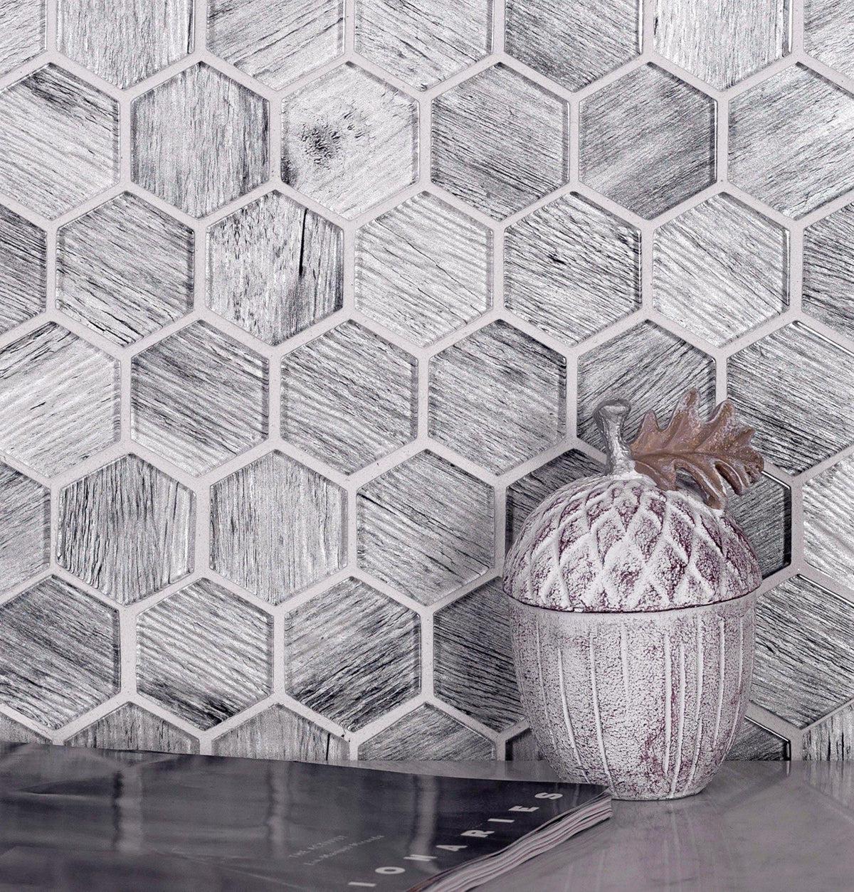 11.8" x 11.8" Silver Wooden Glass Hexagon Mosaic Tile