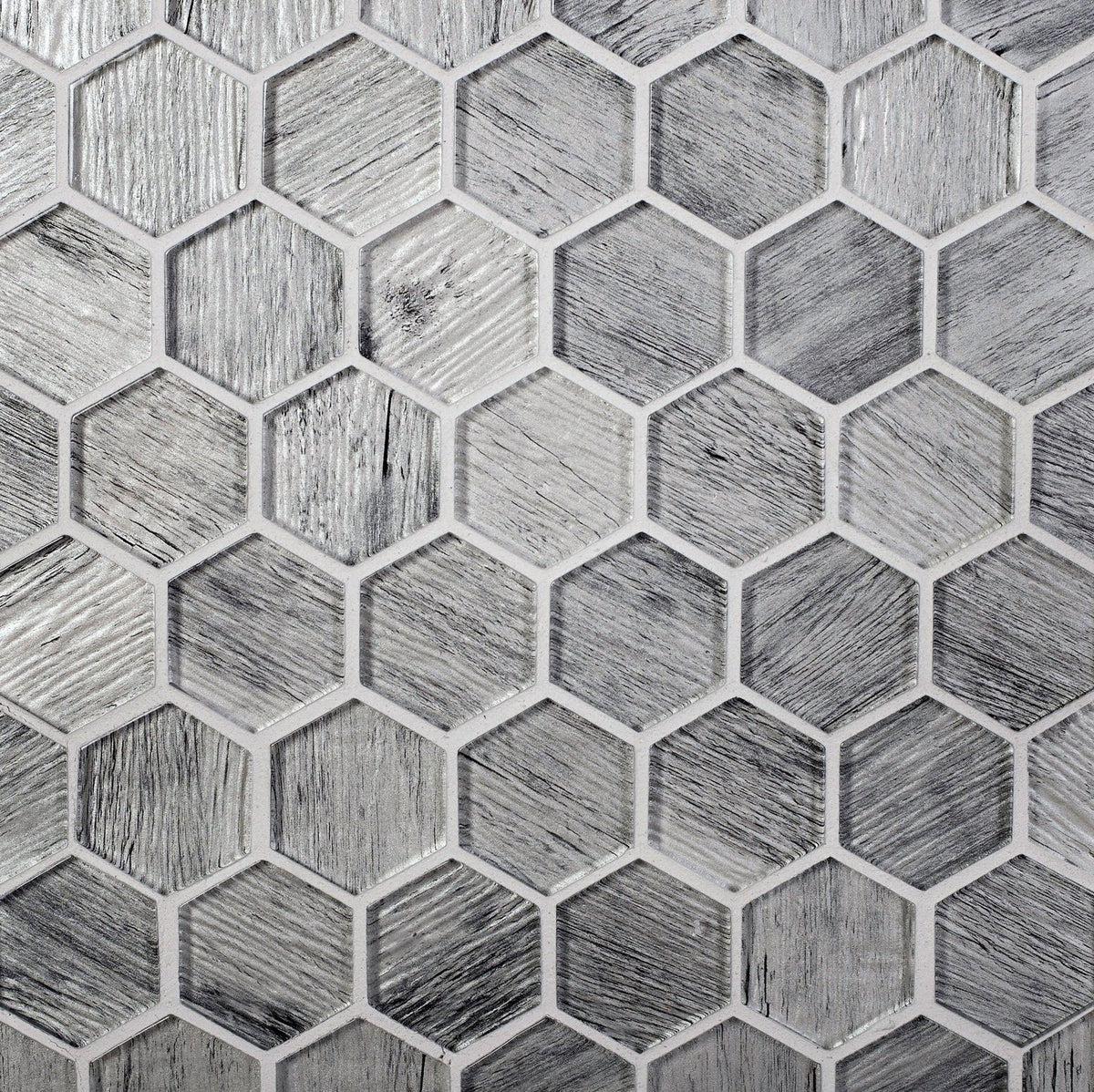 Silver Wooden Glass Hexagon Mosaic Tile | Tile Club | Bathroom Wall Concept Tile