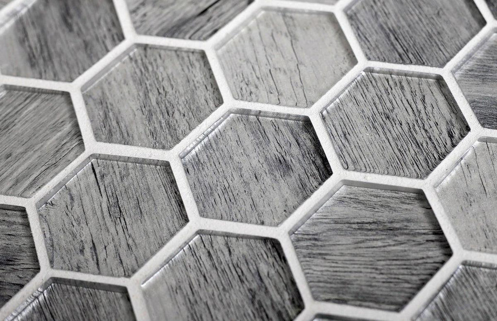 Silver Wooden Glass Hexagon Mosaic Tile | Tile Club | Garden Table Mosaic Tile
