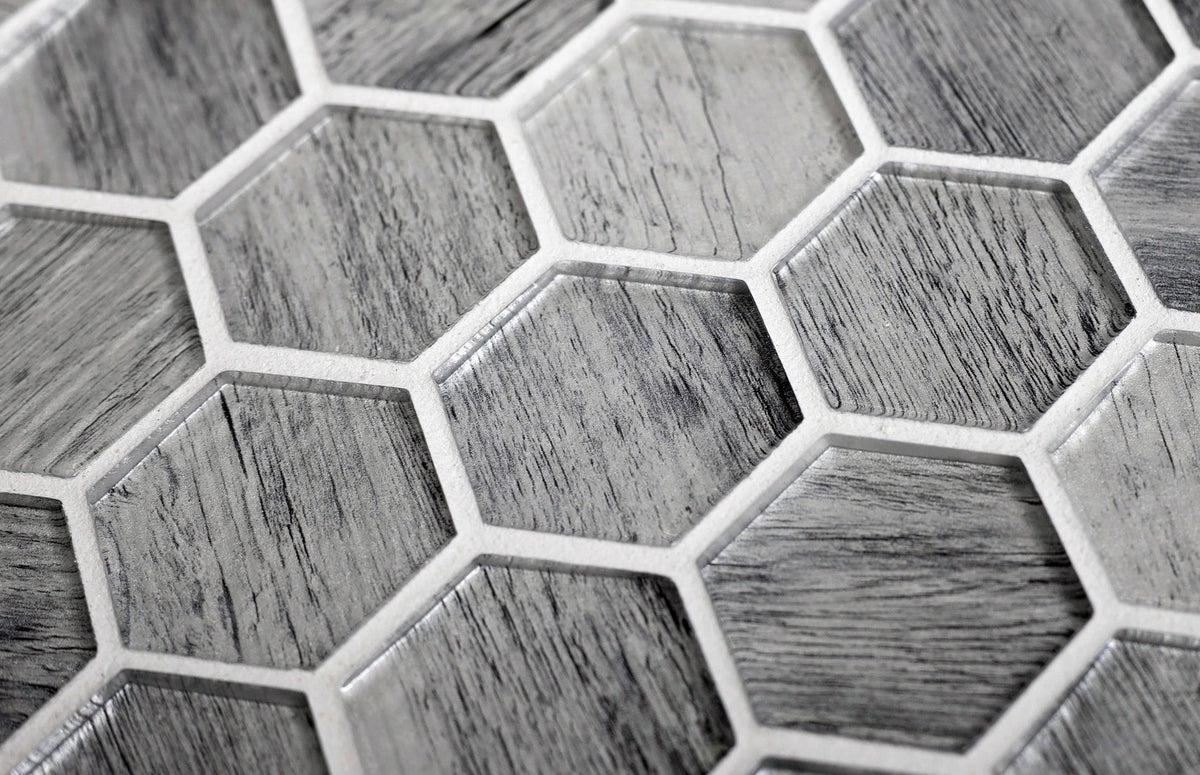 Silver Wooden Glass Hexagon Mosaic Tile | Tile Club | Garden Table Mosaic Tile