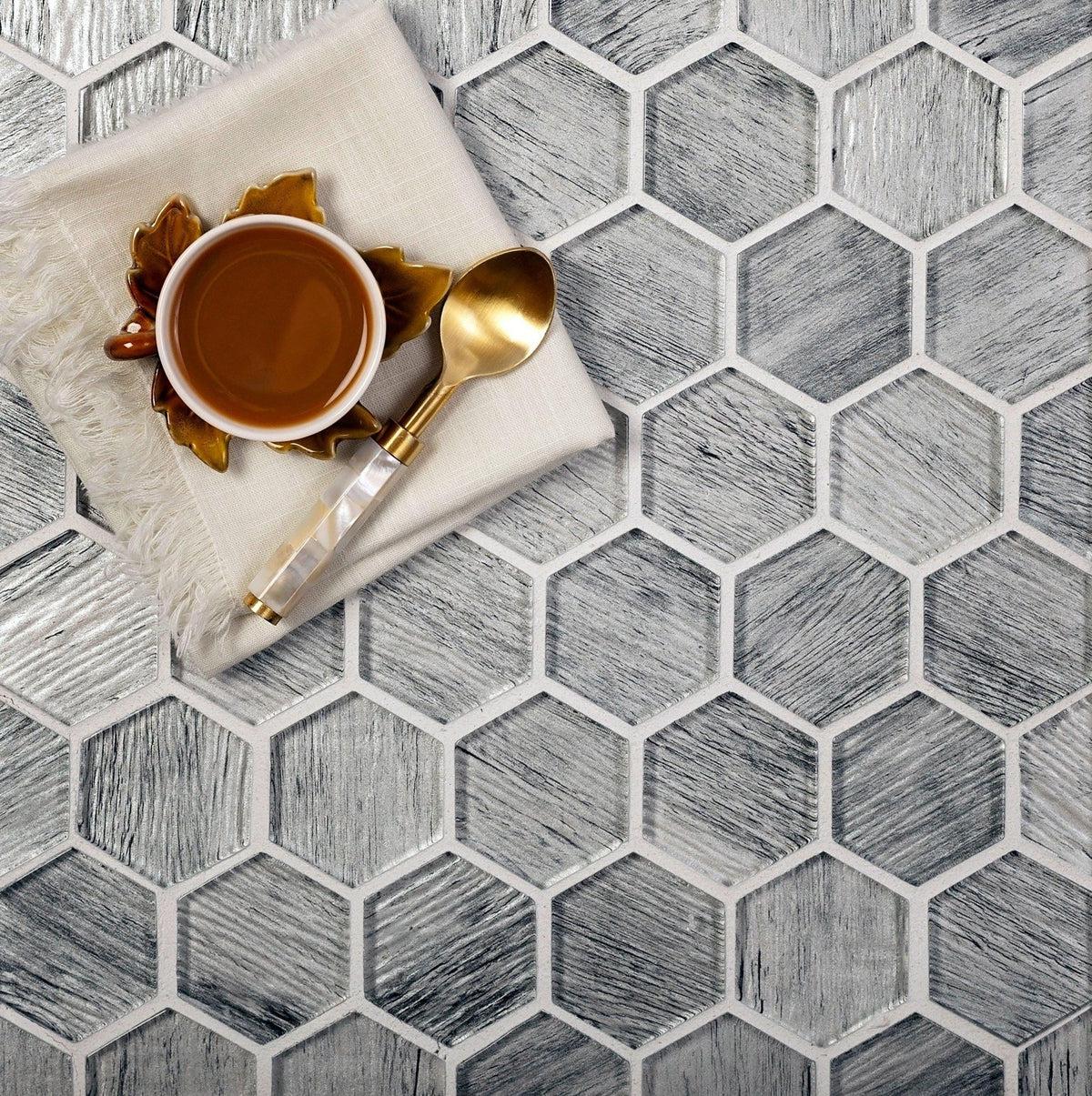 Silver Wooden Glass Hexagon Mosaic Tile | Tile Club | Table Top Mosaic Tile